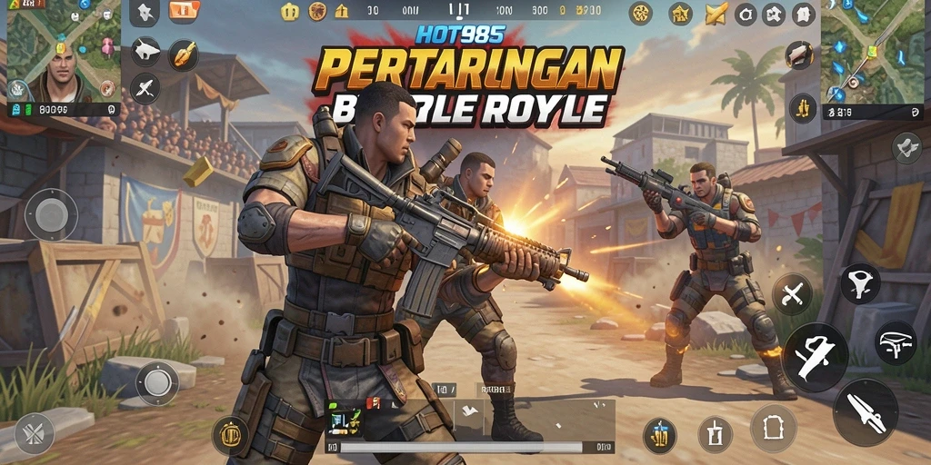 Screenshot utama HOT985 menampilkan aksi intens dalam mode Battle Royale.