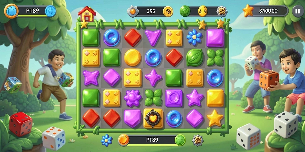 Tampilan menarik dari gameplay PT89 dengan warna-warni permata.